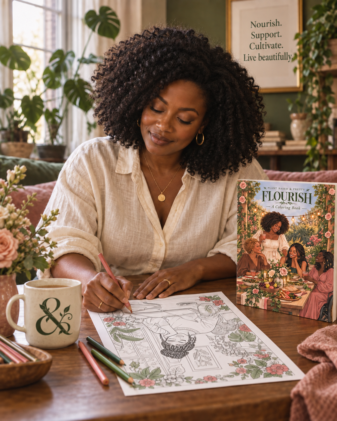 A woman with natural curls coloring a botanical page at a wooden table, with a cup of tea and the FLOURISH coloring book beside her